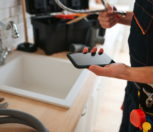 Plumber reviewing details on cell phone during service request.